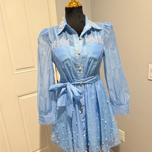 Blue Button-Up Dress with Lace and Pearl Details